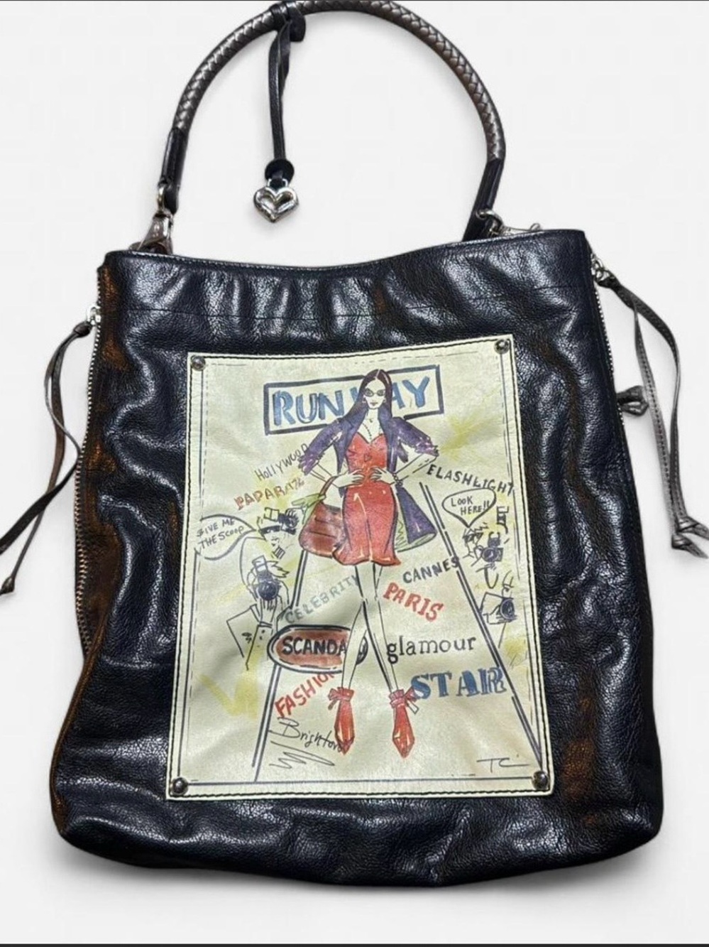 Runway Graphic Black Leather Tote Bag